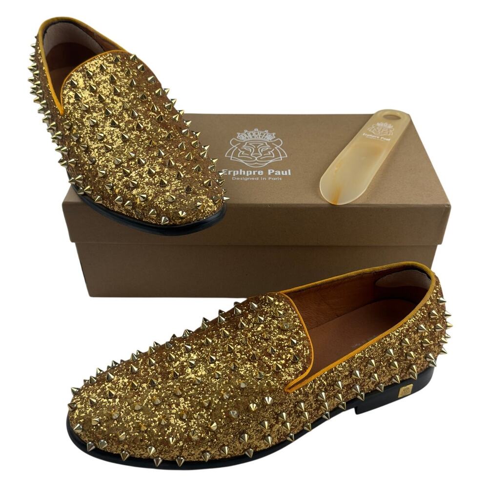 Erphpre Paul Paris Gold Studded Loafer Shoes Men's 44 Sz 11 Spikes Party Holiday